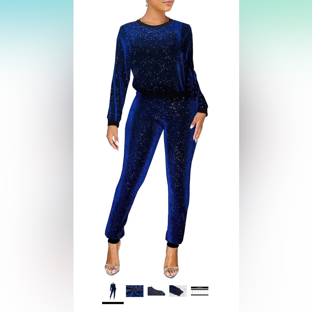 EOSIEDUR 2 Piece Sexy Silver Glitter Sequins & Metallic Shiny Top & Pants Set